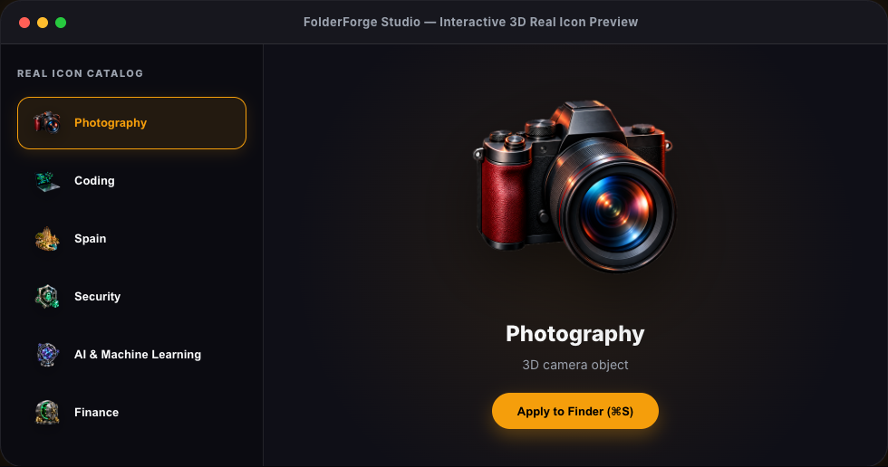 FolderForge Studio showing an interactive 3D folder icon preview